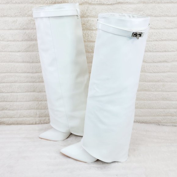Paris White Skirted Fold Over 3.5" Block Heel Knee High Boots - Picture 8 of 9